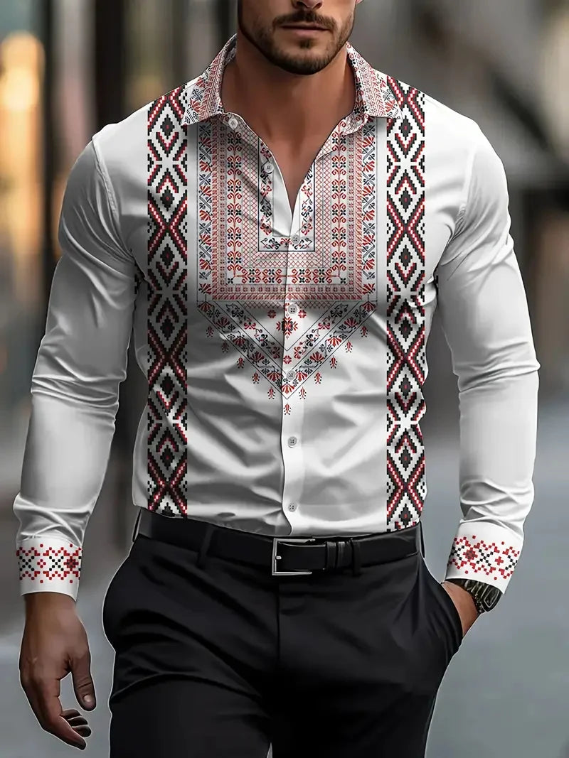 Camisa masculina, manga longa, casual, 3d, flor impressa, casual, primavera outono, manga longa aba top