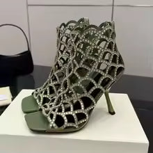 Sandálias feminina de salto agulha com bico quadrado e recortes, de cristal, salto alto da moda verão, botas estilosas