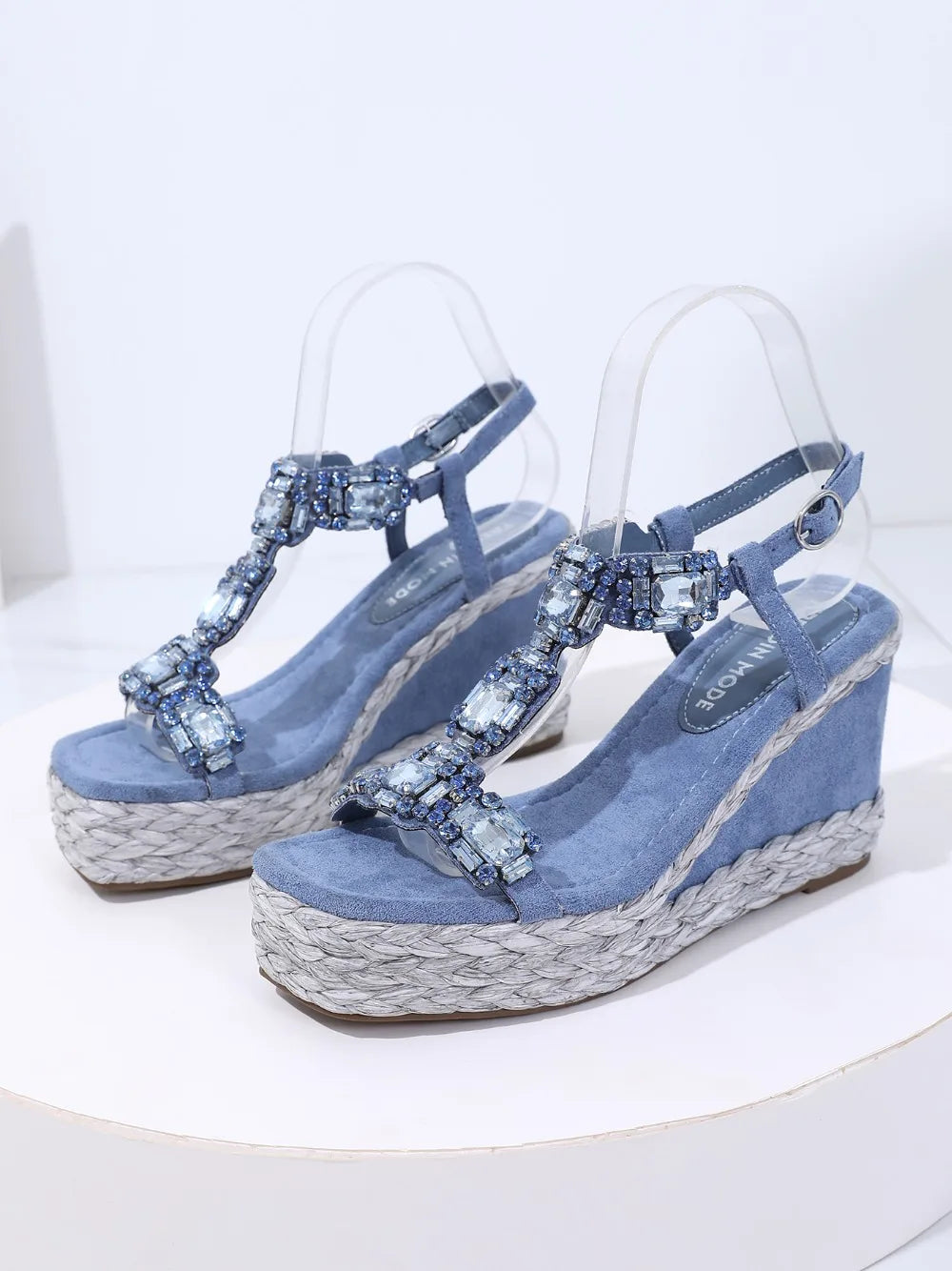 Sandálias femininas de cunha alta de veludo Trendin Mode com salto de 10 cm