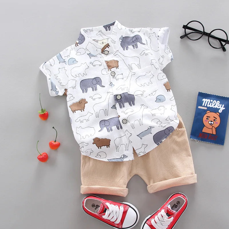 Conjunto de roupas para bebês meninos, 2 peças, casuais, top e shorts, estampas e cores