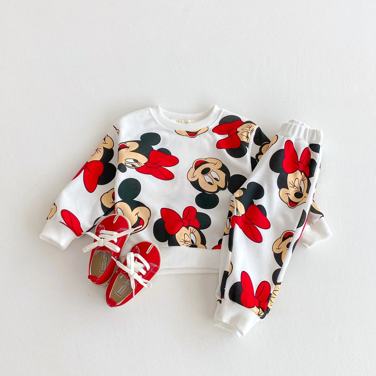 Conjunto infantil de menina, 2 peças, impressão dos desenhos animados, minnie, manga longa, moletom + calças