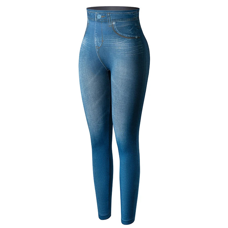 Calças legging feminina, cintura alta, falso denim, push up, sem costura, casual, elástico, bolso, jeans, lápis