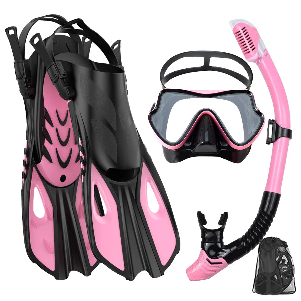Conjunto snorkel, máscara fin para adulto, vista panorâmica, máscara ajustável, mergulho flipper seco superior, snorkel com saco de viagem