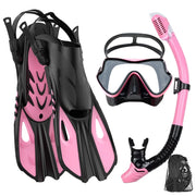 Conjunto snorkel, máscara fin para adulto, vista panorâmica, máscara ajustável, mergulho flipper seco superior, snorkel com saco de viagem