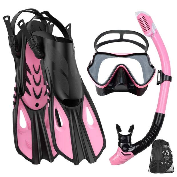 Conjunto snorkel, máscara fin para adulto, vista panorâmica, máscara ajustável, mergulho flipper seco superior, snorkel com saco de viagem
