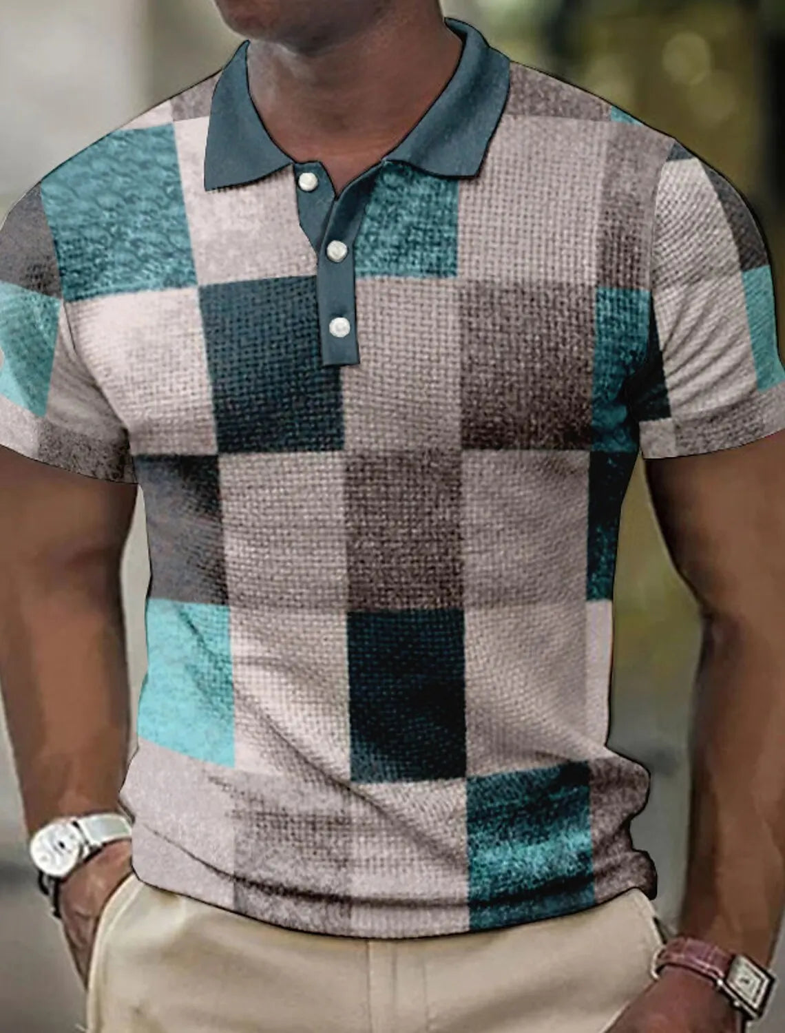 Camisa polo masculina lapela polo botão camisa cor bloco xadrez padrão 3d impresso manguito ao ar livre rua de manga curta roupas impressas