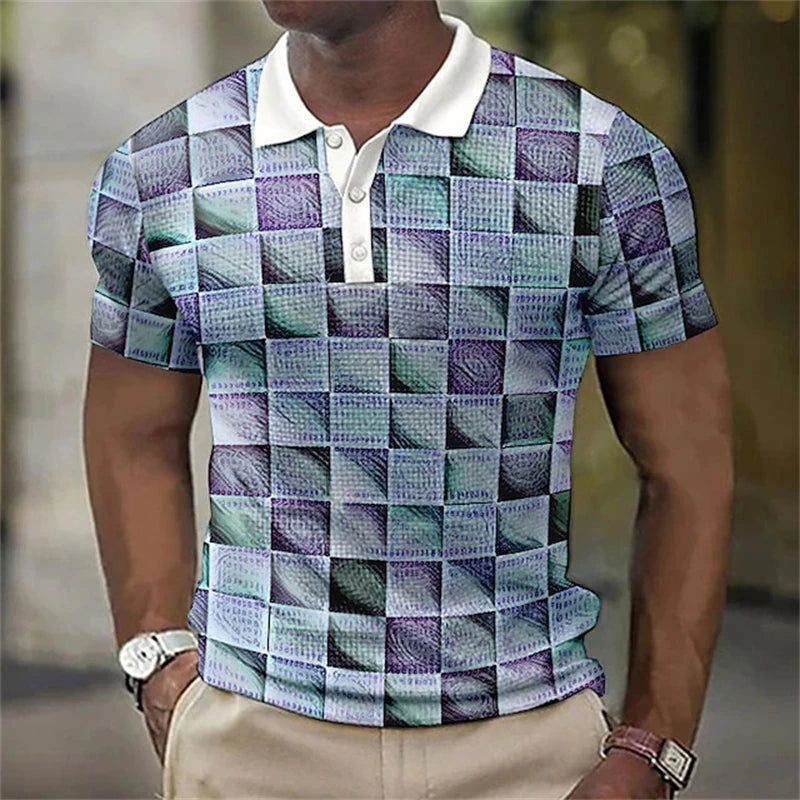 Camisa polo masculina, com botão, Impressão 3d geometria xadrez gráfico, verão, manga curta