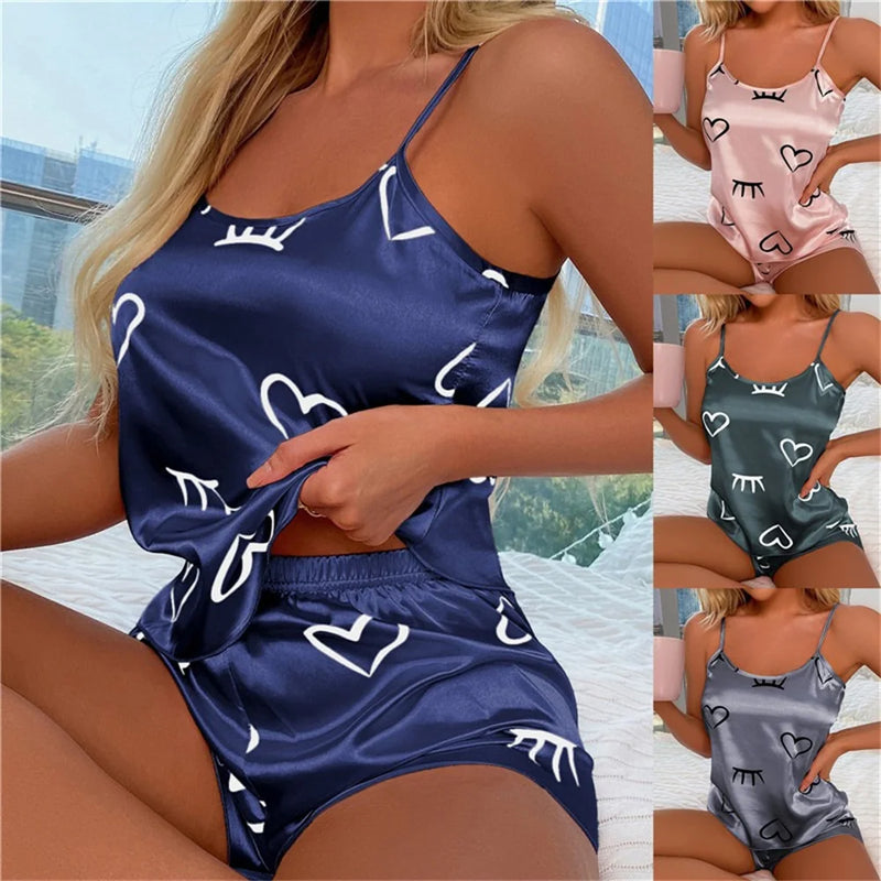 Conjunto de pijama feminino estampado em coração cetim/seda, camisa top e shorts, pijama de verão