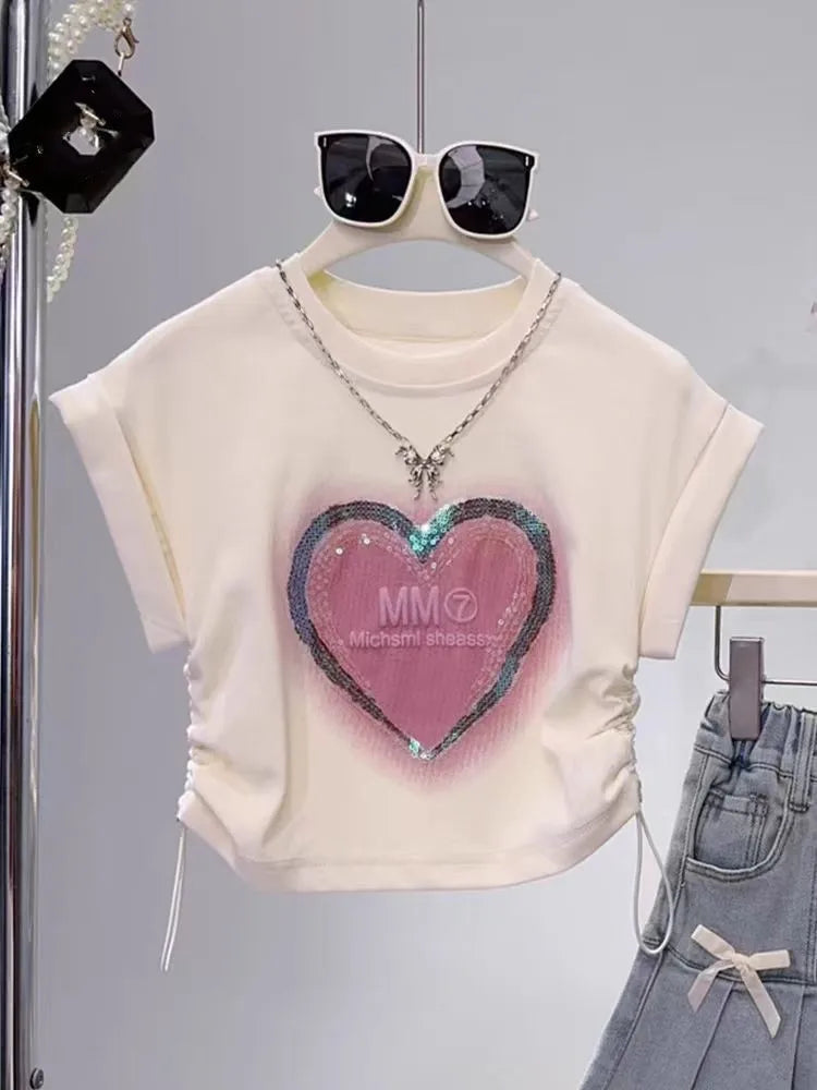 Conjunto infantil de 2 peças para meninas,  saia plissada e camiseta de manga curta com estampa