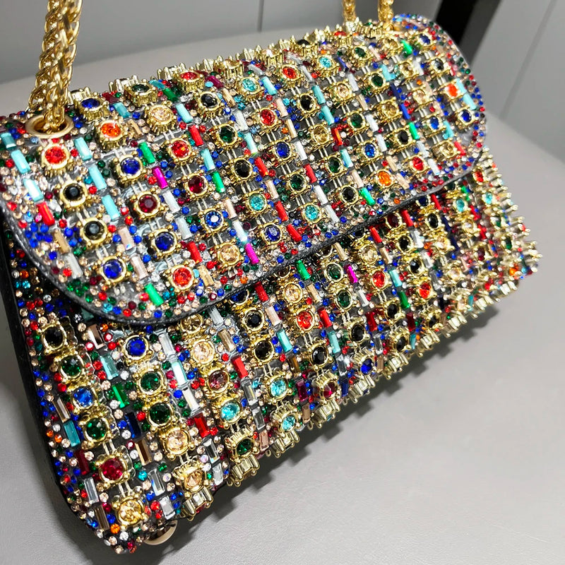 Bolsa de noite feminina com strass de luxo, mão e ombro, de grife com cristal brilhante