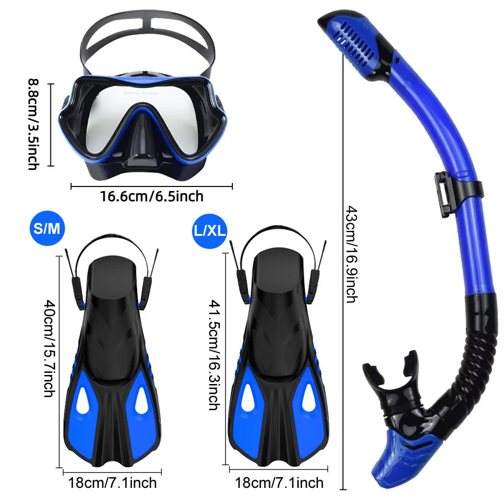 Conjunto snorkel, máscara fin para adulto, vista panorâmica, máscara ajustável, mergulho flipper seco superior, snorkel com saco de viagem
