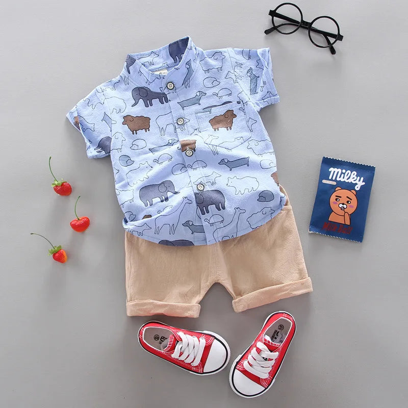 Conjunto de roupas para bebês meninos, 2 peças, casuais, top e shorts, estampas e cores