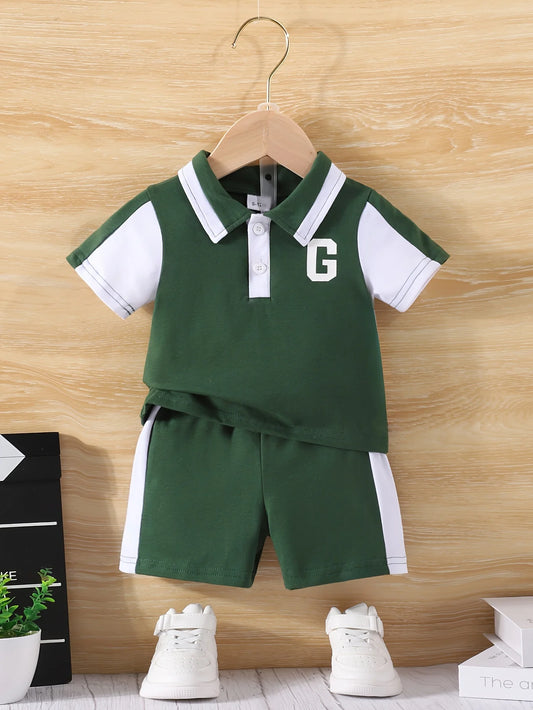 Conjunto infantil top e shorts, bebê menino, esportivo, impressão, lapela, casuais, cores verde e branco