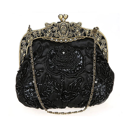 Bolsa Feminina Bordada, VINTAGE, Bolsa de Mão Com Miçangas, Lantejoulas e Diamantes, Bolsa de Noiva