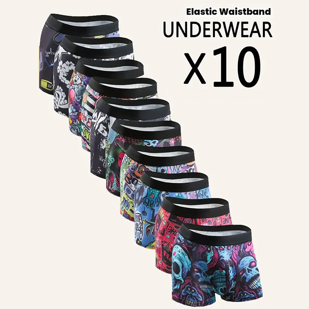 Conjunto de 10 peças de shorts boxer personalizados masculinos com estampa de graffiti, roupas íntimas esportivas e confortáveis