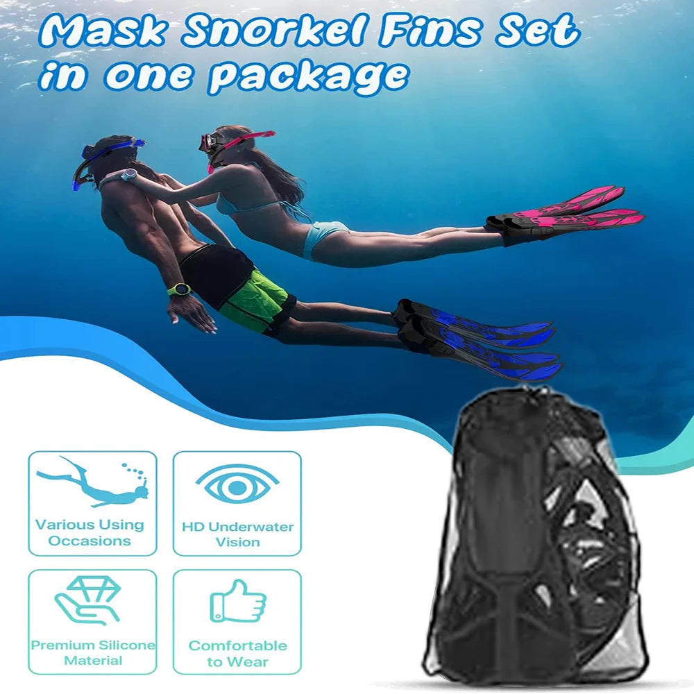 Conjunto snorkel, máscara fin para adulto, vista panorâmica, máscara ajustável, mergulho flipper seco superior, snorkel com saco de viagem