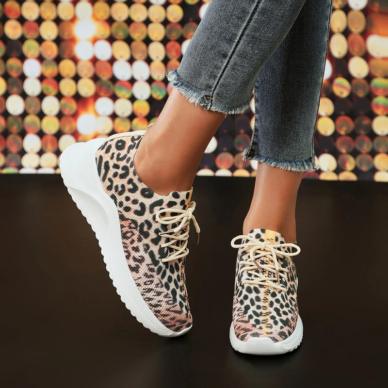 Tênis de malha feminino moda leopardo outono 2023 confortável deslizamento em fundo macio sapatos casuais mulher plataforma apartamentos tênis