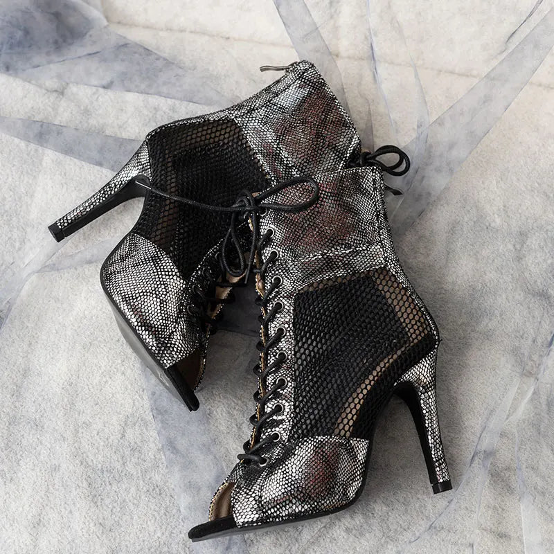 Botas de tornozelo feminina de salto alto latino, interior rendas, dança, jazz, boca de peixe, zíper lateral