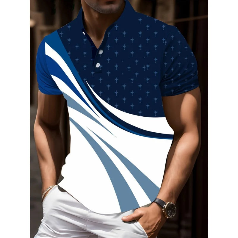 Camisa polo masculina, padrão geométrico colorido, impressão 3D, manga curta, verão, casual, lapela, tops grandes dimensões