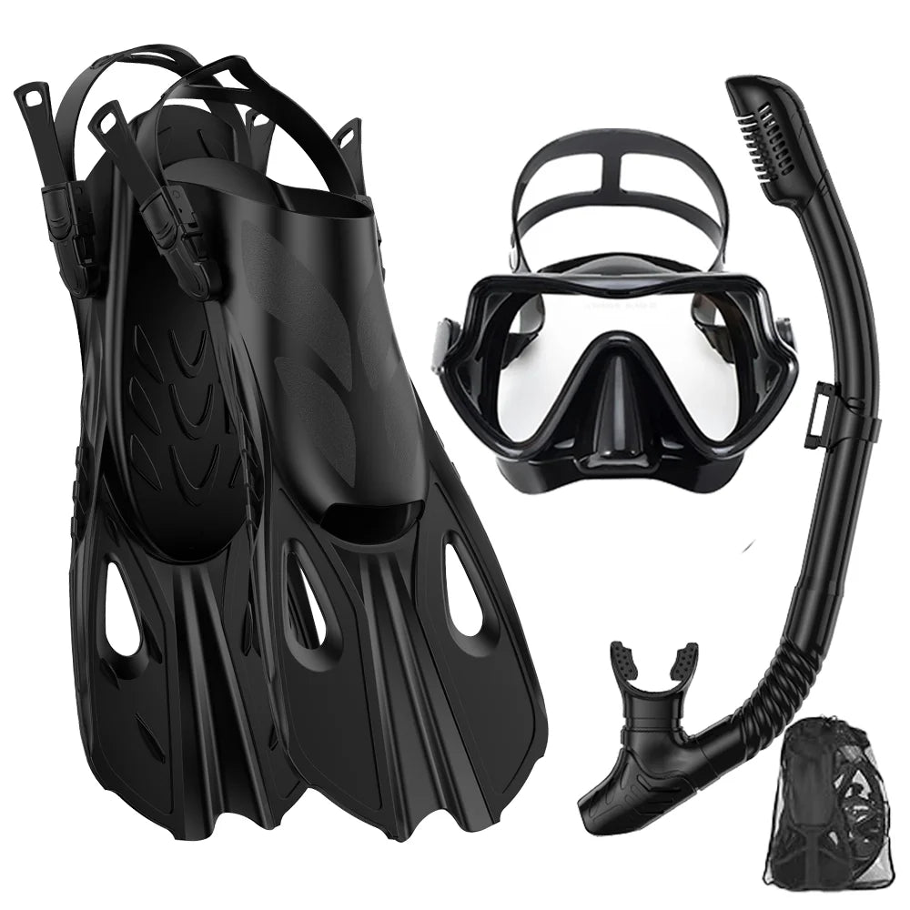 Conjunto snorkel, máscara fin para adulto, vista panorâmica, máscara ajustável, mergulho flipper seco superior, snorkel com saco de viagem