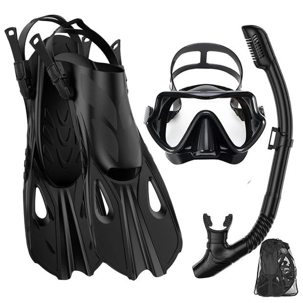 Conjunto snorkel, máscara fin para adulto, vista panorâmica, máscara ajustável, mergulho flipper seco superior, snorkel com saco de viagem