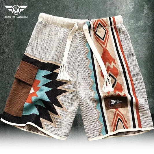 Shorts de malha masculinos, retrô, com bordado, combinando cores, cinco pontos, calça de verão, solta, casual, cintura elástica