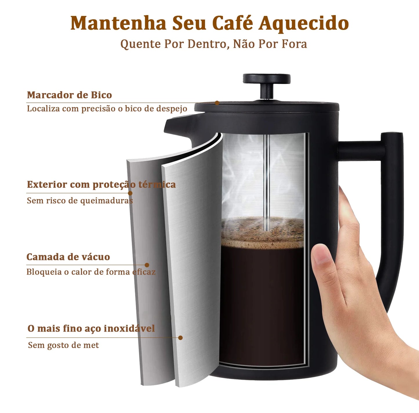 Cafeteira de prensa francesa de 700 ml de aço inoxidável com 4 níveis de filtragem