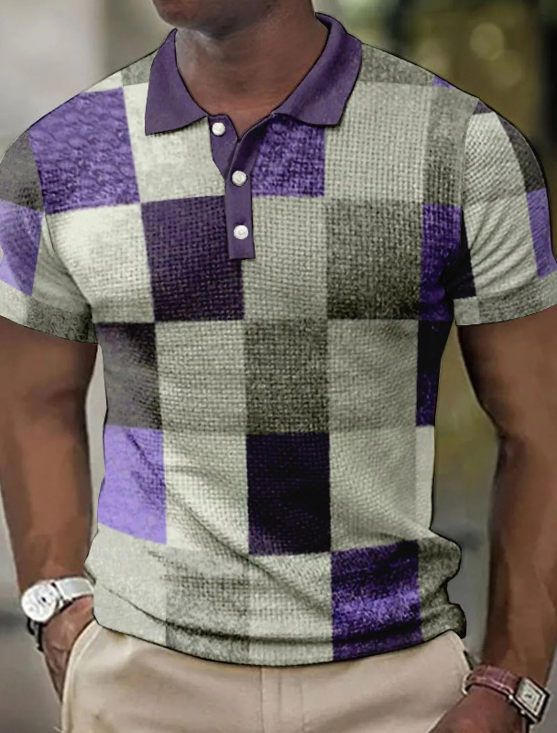 Camisa polo masculina lapela polo botão camisa cor bloco xadrez padrão 3d impresso manguito ao ar livre rua de manga curta roupas impressas