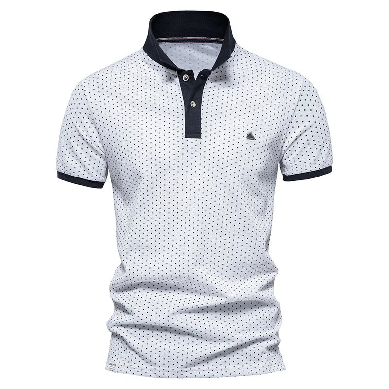 Camisa polo masculina lapela onda ponto manga curta geométrica decoração de metal