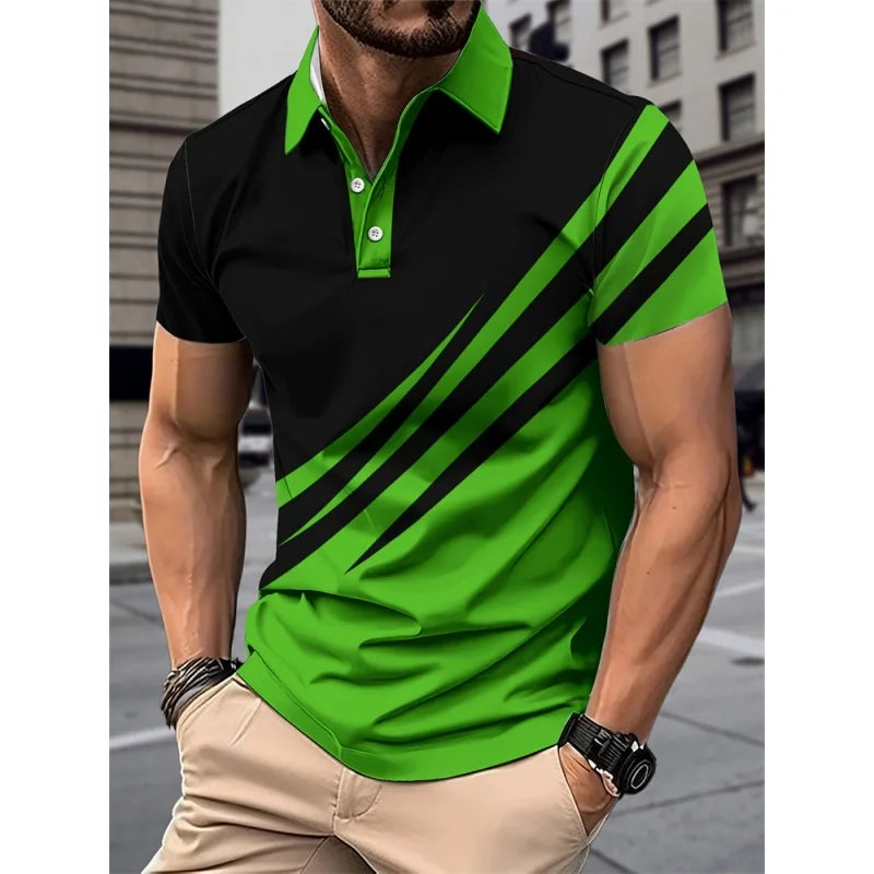 Camisa polo masculina, padrão geométrico colorido, impressão 3D, manga curta, verão, casual, lapela, tops grandes dimensões