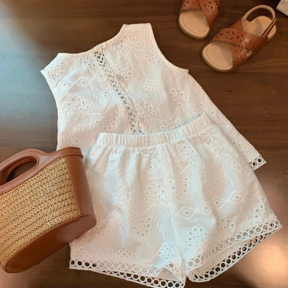 Conjunto infantil de bebê menina, de 2 peças, verão, oco, rendas, colete + shorts, único sem mangas, casual, cor sólida