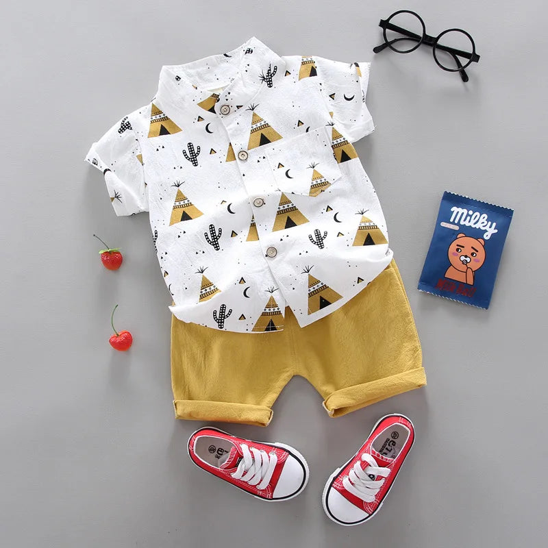 Conjunto de roupas para bebês meninos, 2 peças, casuais, top e shorts, estampas e cores
