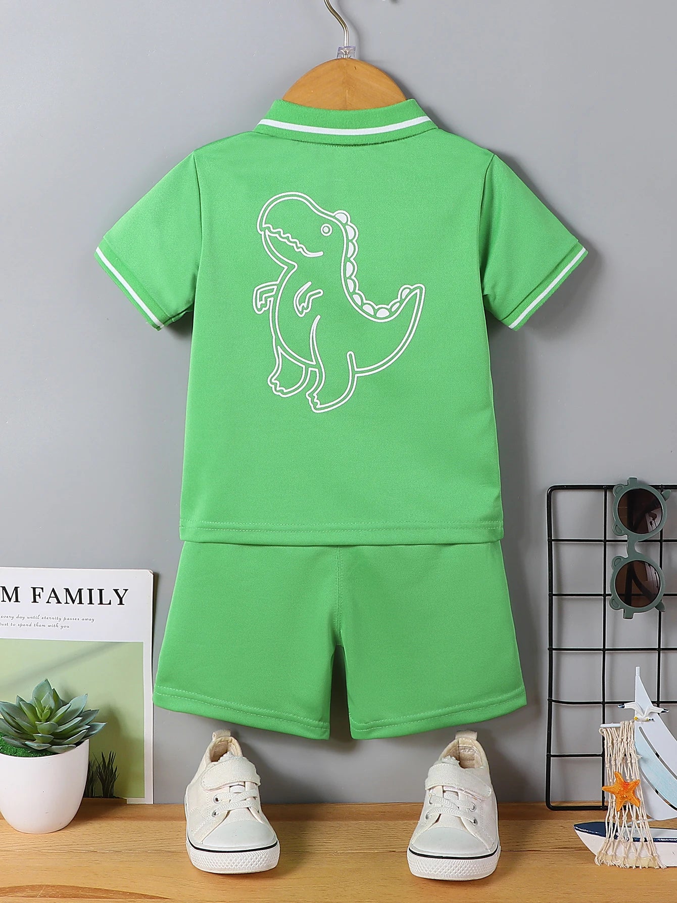 Conjunto infantil bebê menino, roupas de verão, casual, esporte, terno camisa polo + shorts 2 pçs, dinossauro impressão
