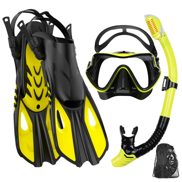 Conjunto snorkel, máscara fin para adulto, vista panorâmica, máscara ajustável, mergulho flipper seco superior, snorkel com saco de viagem