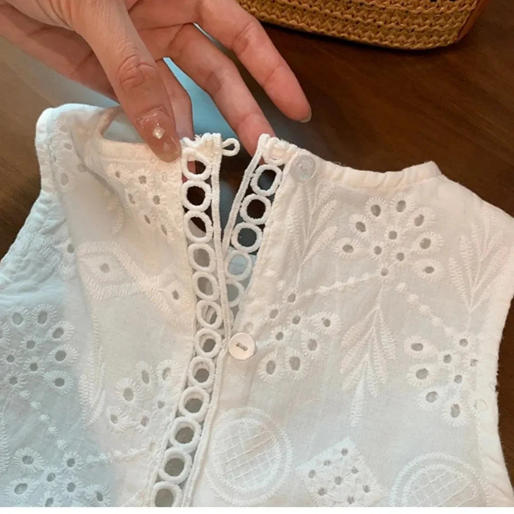 Conjunto infantil de bebê menina, de 2 peças, verão, oco, rendas, colete + shorts, único sem mangas, casual, cor sólida