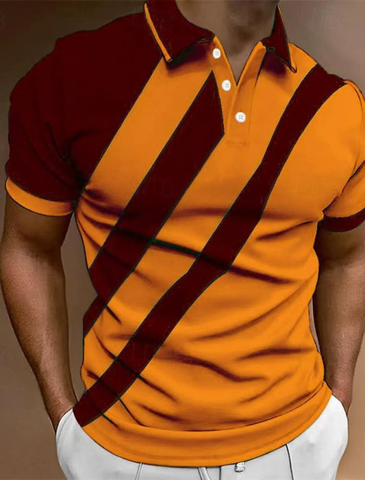 Camisa polo de golfe casual masculina, manga curta, botão básico de bloco colorido, ajuste regular, camisa trabalho lapela, primavera e verão
