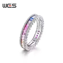 Anel feminino de prata esterlina 925, com zircônia cúbica e arco-íris, joias de casamento com pedras preciosas de cristal geométrico