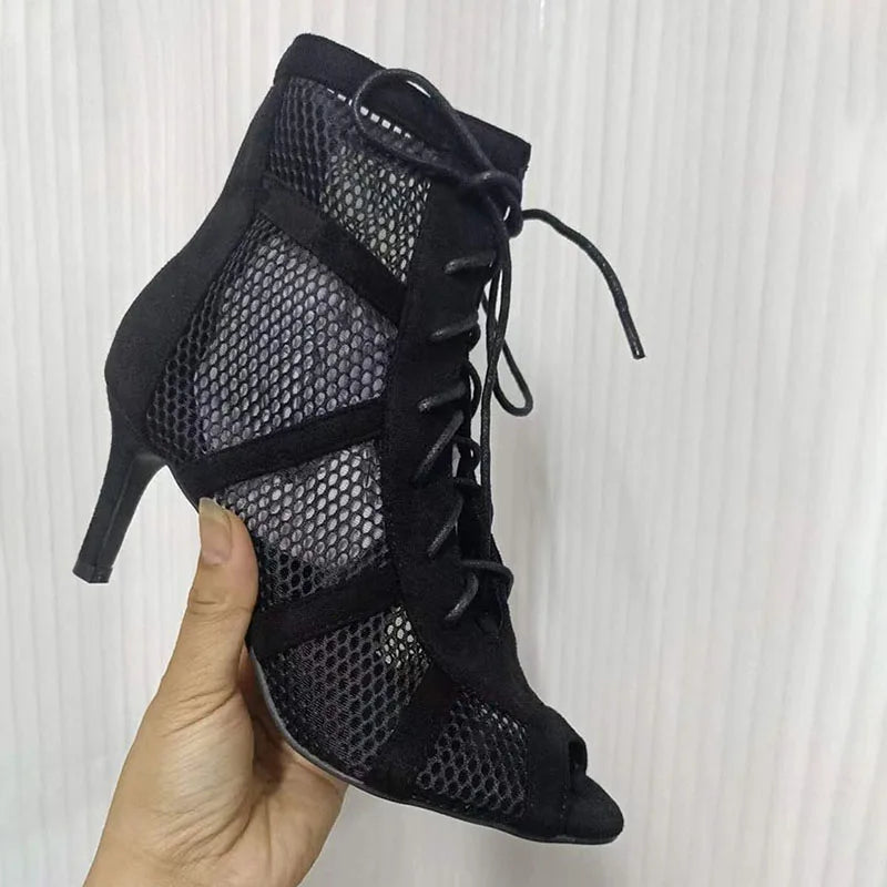 Sapatos femininos pretos sensuais com cadarço cruzado, confortáveis, saltos finos de alta qualidade, sandálias de dança com bico aberto