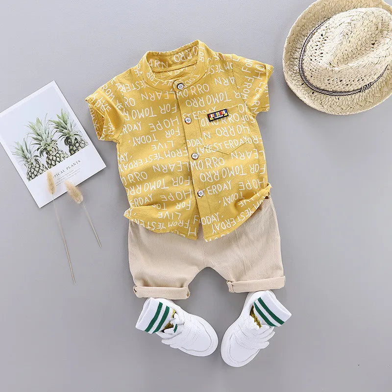 Conjunto de roupas para bebês meninos, 2 peças, casuais, top e shorts, estampas e cores