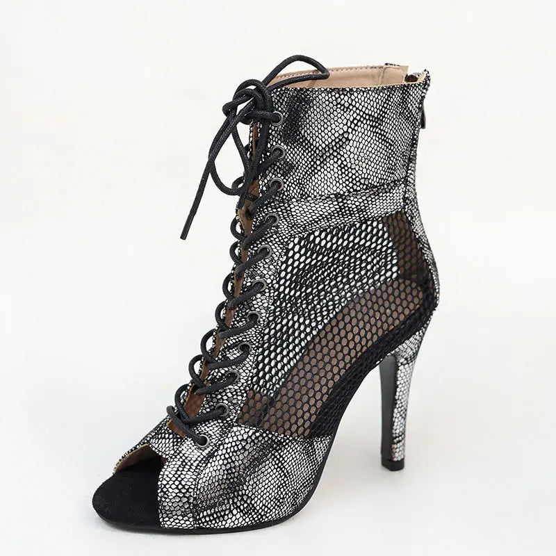 Botas de tornozelo feminina de salto alto latino, interior rendas, dança, jazz, boca de peixe, zíper lateral