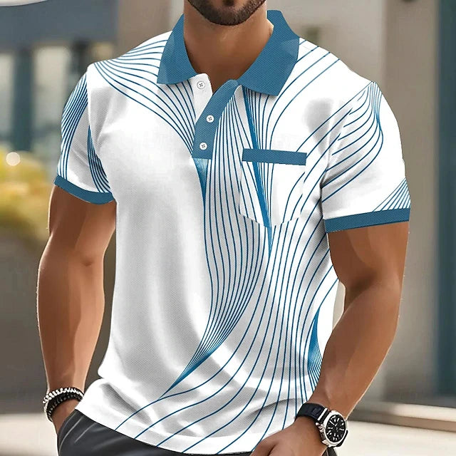 Camisa polo masculina de manga curta, listrada, com estampa 3D e gola alta, casual, diversos tamanhos