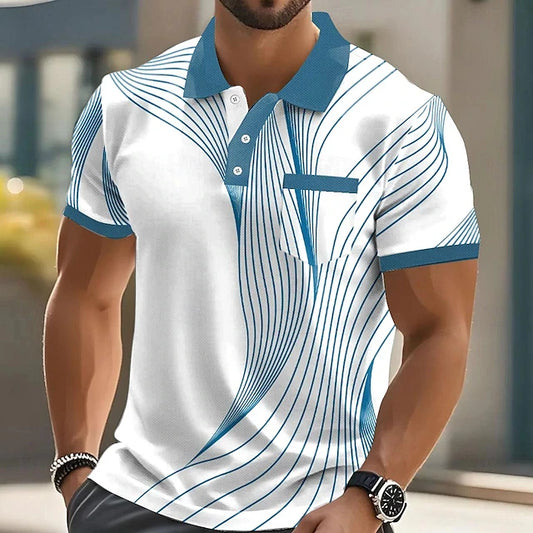 Camisa polo masculina de manga curta, listrada, com estampa 3D e gola alta, casual, diversos tamanhos