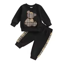 Conjunto de Roupa Infantil para Meninos - Outono - Blusa de Moletom com Bordado de Ursinho e Calça com Elástico na Cintura - 2 Peças