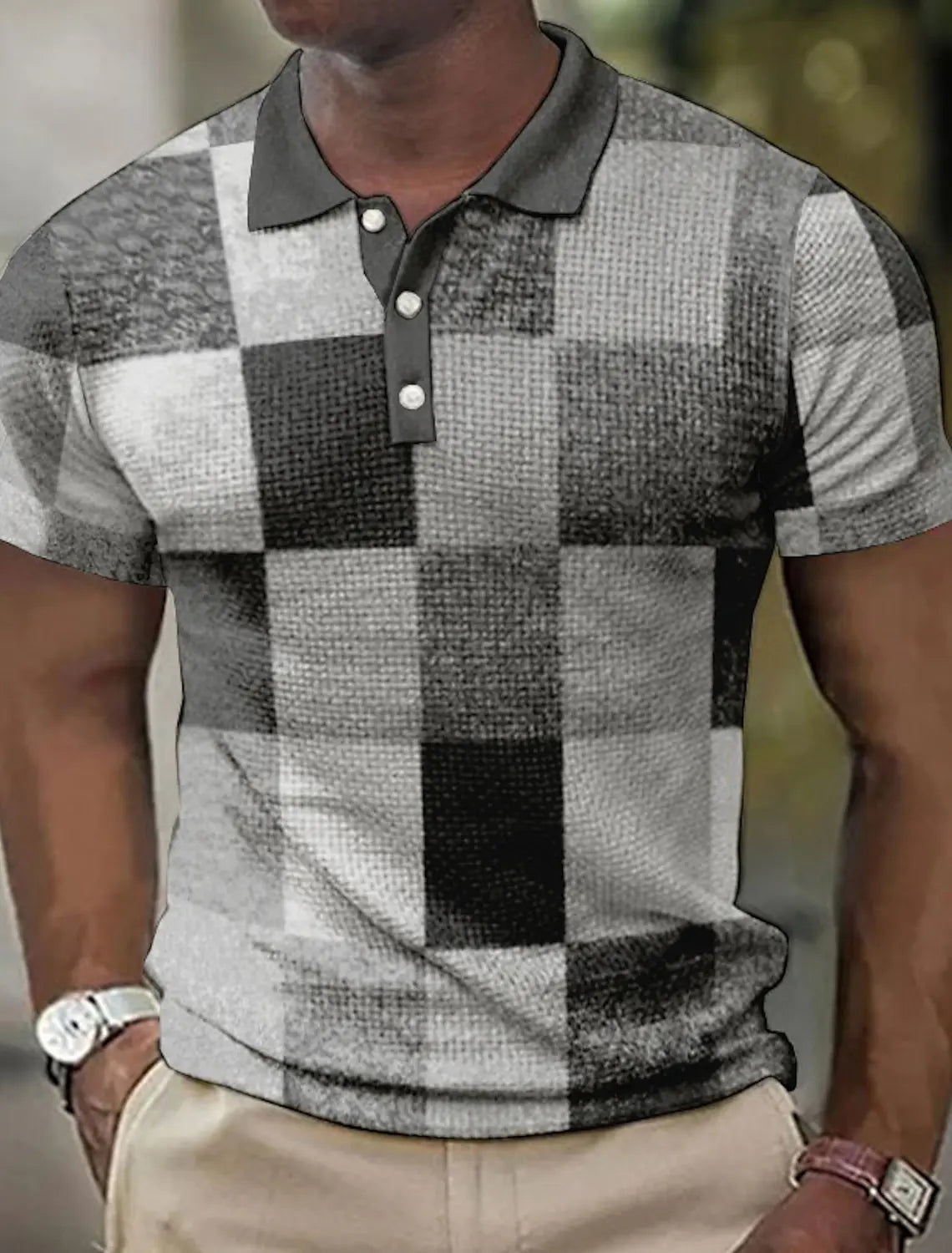 Camisa polo masculina lapela polo botão camisa cor bloco xadrez padrão 3d impresso manguito ao ar livre rua de manga curta roupas impressas
