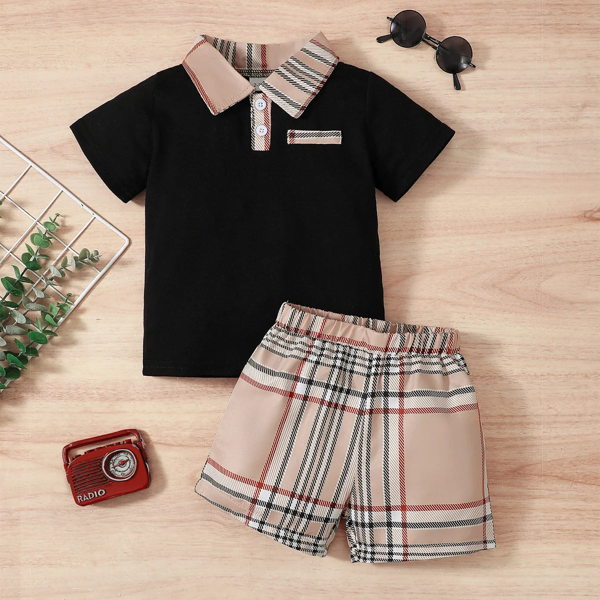 Conjunto infantil para meninos, 2 peças, 1-6 anos de idade, colarinho, top e shorts xadrez, casual