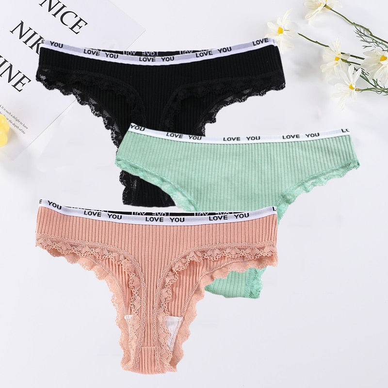 3 pçs/lote Tanga de Algodão Sexy Feminina Renda Cintura Baixa Calcinha Lingerie Feminina Cueca Cueca Lingerie Feminina O Badalo do sino