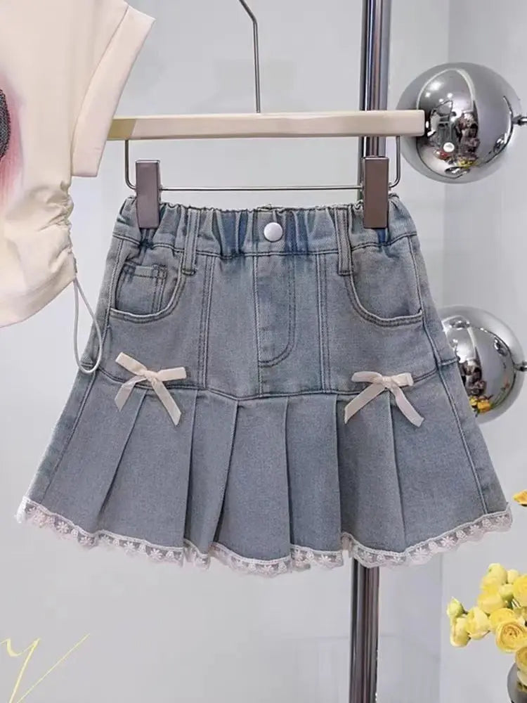 Conjunto infantil de 2 peças para meninas,  saia plissada e camiseta de manga curta com estampa