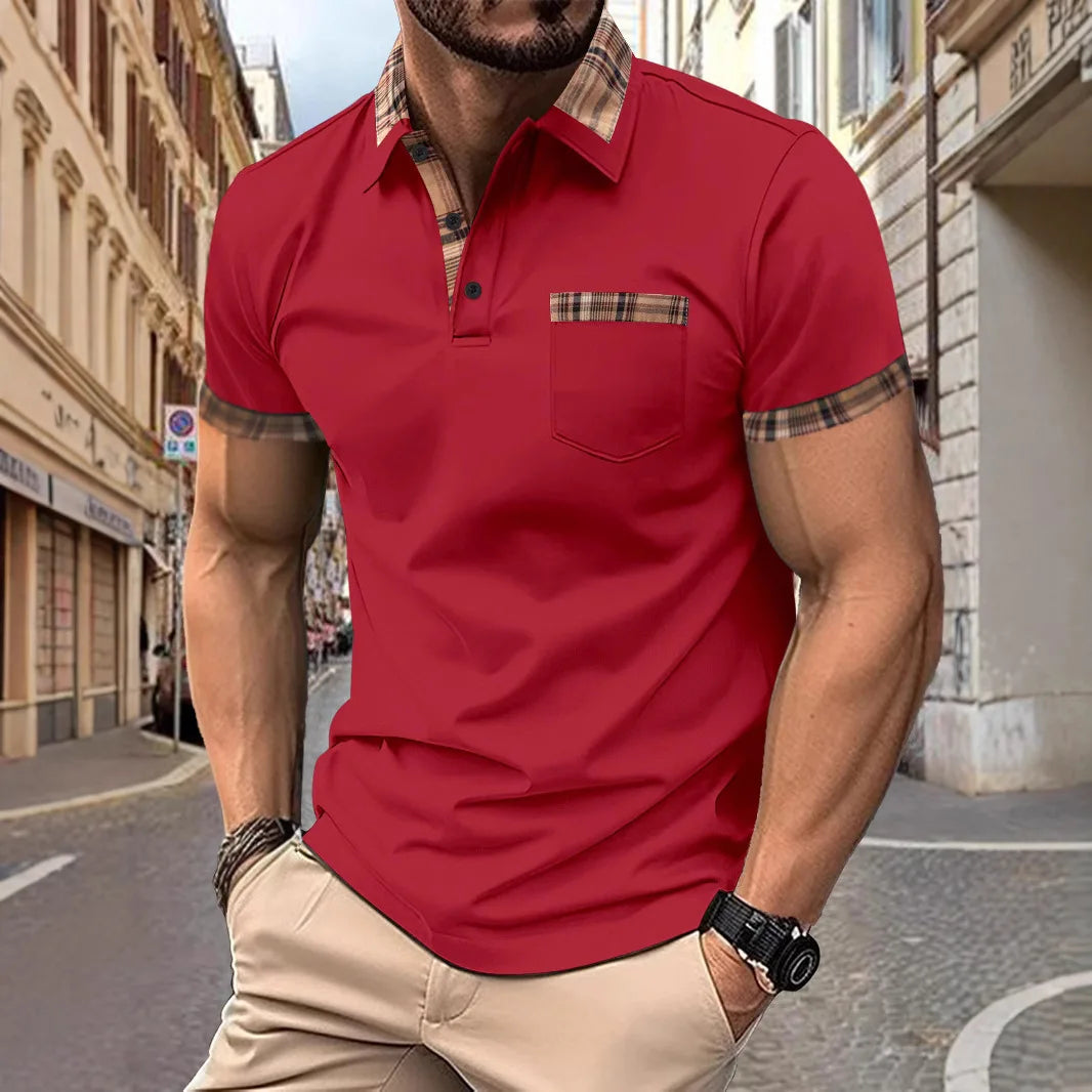 Camisa polo masculina, top esportiva, casual, confortável, de verão, manga curta, com retalhos, de cor sólida, e bolsos falsos