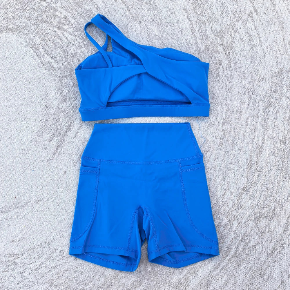 Conjunto feminino sexy, 2 pçs, sutiã esportivo e shorts com bolso, cintura alta, esportes, yoga, treino, sporstwear