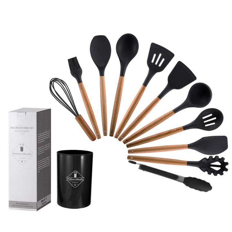 Utensílios de cozinha de silicone com cabo de madeira 12 peças com balde de armazenamento resistente a altas temperaturas e panela antiaderente espátula e colher O Badalo do sino